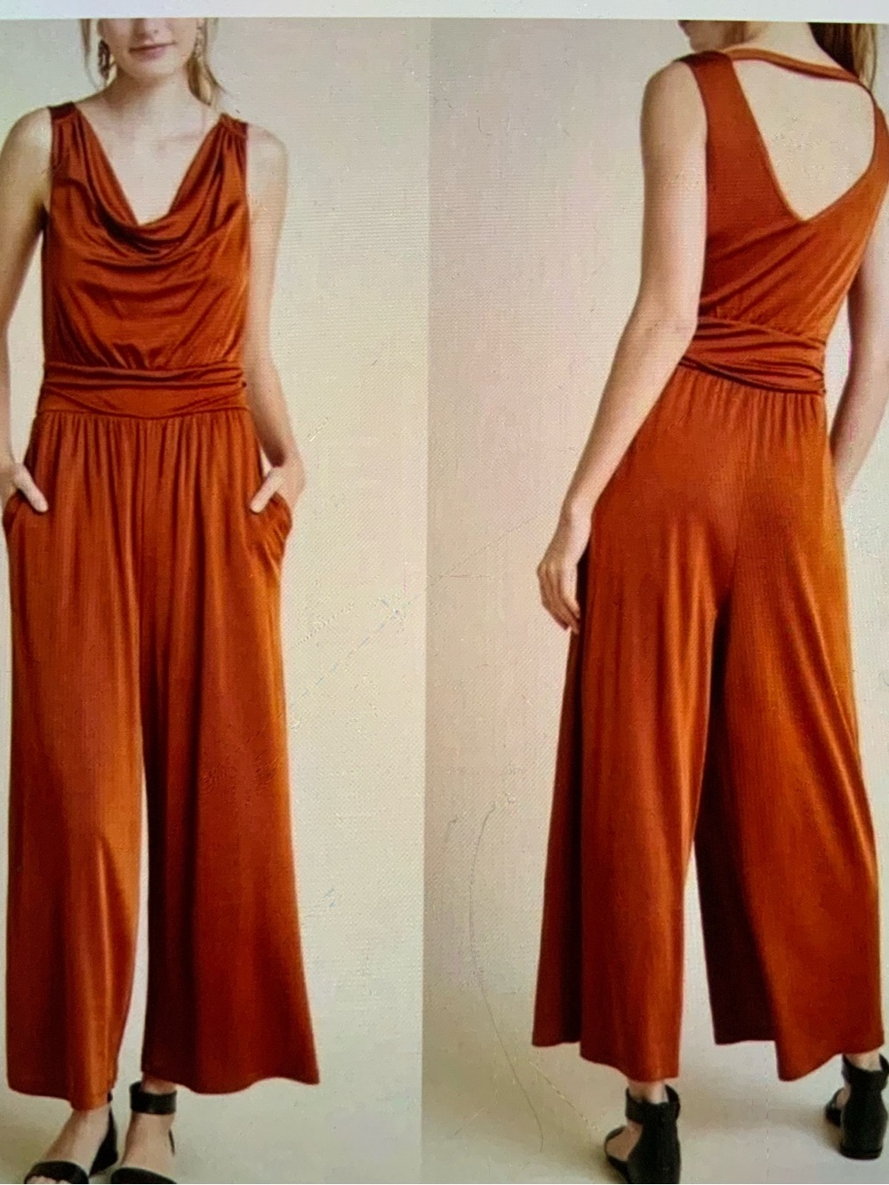 Maeve Anthropologie Enchantment Jumpsuit Rust Copper Cowl Neck Wide Leg SMALL